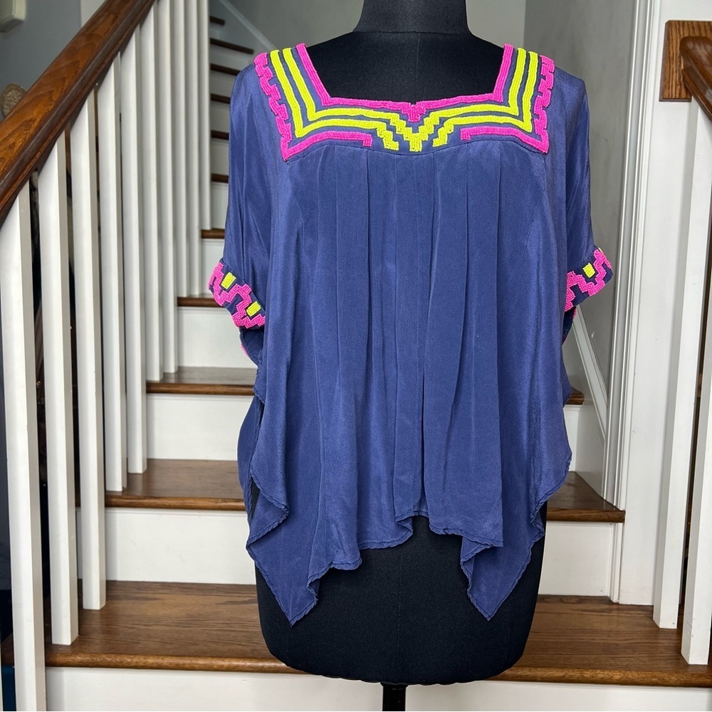 Mara Hoffman Silk Embroidered Tunic Top Petite Small Navy Pink Neon Boho - Picture 2 of 7